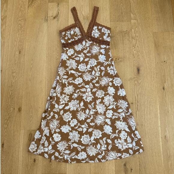 Loft Midi Dress Lace Trim Floral Size 6 Brown White - Picture 1 of 4